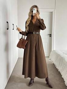 Easowa Collared Double Pocket Pleated Waist A-Line Midi Dress, Button Front Long Sleeve Casual Loose Commuter Vintage Style Dress For Women Brown Dress Women Long Sleeve Dress Brown Button Down Dress Long Brown Dress Chocolate Brown Dress