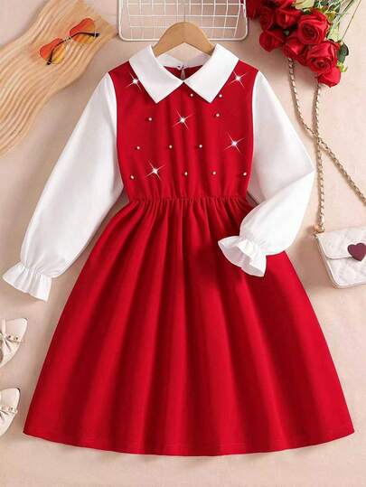 Sparklyn Vestido midi rojo y blanco con cuello adornado con perlas para niñas jóvenes, estilo dulce y elegante adecuado para fiestas, uso diario, primavera/otoño, Navidad