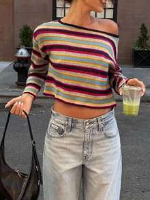 女士条纹斜肩长袖短款休闲时尚T恤 - 彩色 - 查看 1