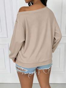 INAWLY 女式简约刺绣斜肩长袖运动衫 - 杏色 - 查看 2