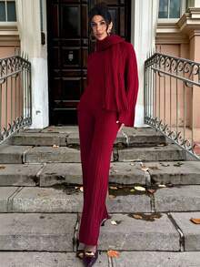 Firerie Women's Round Neck Flare Sleeve Top, Wide Leg Pants And Scarf 3 Pieces Set, Women's Minimalist Sweater Set, Red Sweater Set, Spring/Autumn/Winter Clothing, Commuting, Elegant, Casual Daily, Work Attire