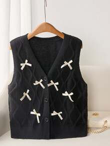 Franclia Plus Size Women Elegant Sweet Bow Knit Sweater Vest, Autumn/Winter New Casual Sleeveless V-Neck Layered Cardigan Pullover Bow Clothes Bows On Clothes Vest Shirt Sweater Vest Women Black Vest Women