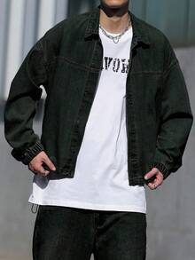 Claim Dot 男士休闲水洗通勤牛仔夹克，复古摇滚风，秋季款 - 墨綠色 - 查看 7