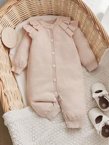 SHEIN Baby Girl Solid Color Patchwork Ruffle Trim Raglan Long Sleeve Romper, Autumn/Winter Fall - Beige - View 1