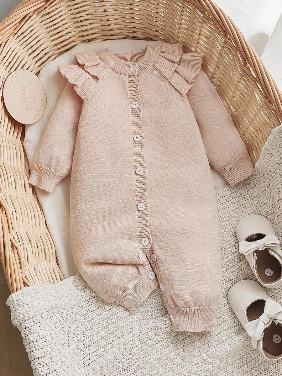 SHEIN Baby Girl Solid Color Patchwork Ruffle Trim Raglan Long Sleeve Romper, Autumn/Winter Fall - Beige - View 1