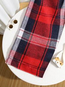 SHEIN 2 件套男婴/女婴红色格子领长袖上衣和牛仔裤套装，百搭休闲装，适合秋冬季