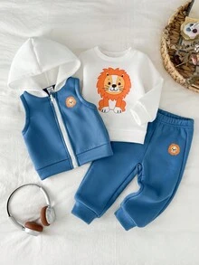 SHEIN 3pcs Toddler Boys Casual Long Sleeve Top, Sleeveless Jacket And Pants Set Fall Winter - Multicolor - View 1