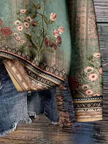 EMERY ROSE Casual Versatile Minimalist Retro Floral Pattern Round Neck Loose Fit Women Sweatshirt, Suitable For Back To School, Teacher's Day, Halloween, Christmas, Fall/Winter - Multicolor - View 3