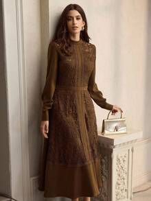 ZEYLAH Elegant Party Lace Patchwork Mid-Length Dress - Coffee - View 6