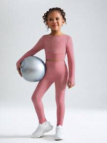 SHEIN Young Girls Fashion Set, Round Neck Long Sleeve Criss-Cross Hollow Back Design Top & Skinny Pants, Suitable For Casual Everyday Wear, All Seasons - Red - View 2