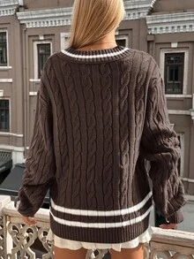 EURMUSE Plus Striped Trim Cable Knit Drop Shoulder Sweater, For Winter - Brown - View 2