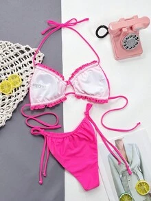 Swim Basics Summer Beach Frill Trim Tie Side Bikini Set - Hot Pink - View 2