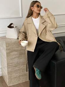 DAZY 女式宽松翻领风衣，秋季夹克 - 卡其色 - 查看 6