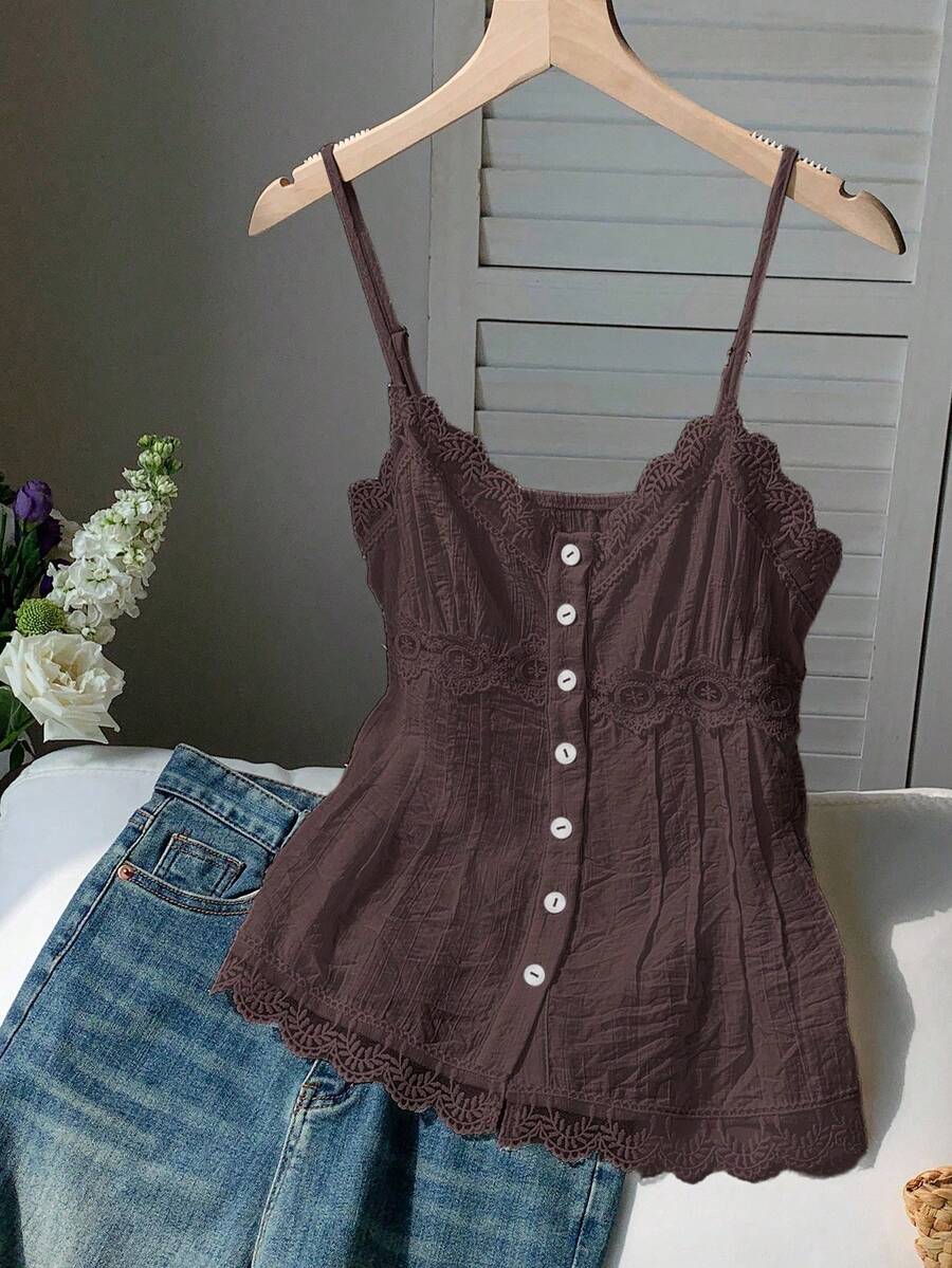 Comfortcana Camiseta de tirantes de talla grande de unicolor de verano con contraste de encaje y botones delanteros - Marrón - Ver 1