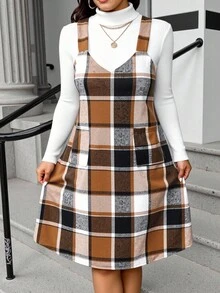 Calvaya Vestido casual xadrez plus size para outono e inverno - Multicolorido - Ver 3