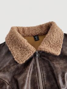SHEIN MOD Plus Size Women PU Leather Lapel Bomber Jacket Short Coat,Women's Casual Chic Splice Teddy Fleece Lapel Zippered Faux Leather Short Jacket, Autumn/Winter, Brown Leather Jacket Women, Leather Jacket With Borg Collar,Western Jacket - Camel - View 4