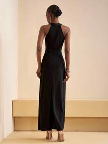 Zivah 秋冬新款优雅派对奢华高贵日常约会生日派对性感高端派对夜店风婚礼季宾客礼服音乐节狂欢季婚礼宾客礼服新娘礼服圆领钻链装饰丝带胸前镂空包臀连衣裙H型裙超长连衣裙晚礼服黑色钻链装饰长裙女士长裙-A - 黑色 - 查看 2