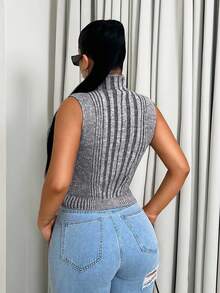 Sirith Women's Sleeveless Turtleneck Sweater Vest With Slit Hem, Gray Melange, Fitted, Sexy, Casual, Street Style, Slim, Ribbed Knit Top - Grey - View 2