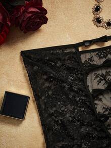 SHEIN 大码女式蝴蝶结蕾丝性感紧身衣 - 黑色 - 查看 7
