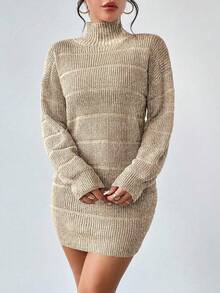 RosyDaze 休闲纯色立领迷你针织连衣裙，秋冬 - 杏色 - 查看 6