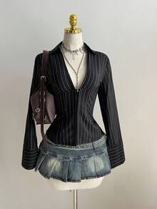 Elamini 1pc Black V-Neck Striped Collar Slim Fit Button-Up Long Sleeve Sexy Blouse For Commuting & Daily Wear, Winter - Black - View 1