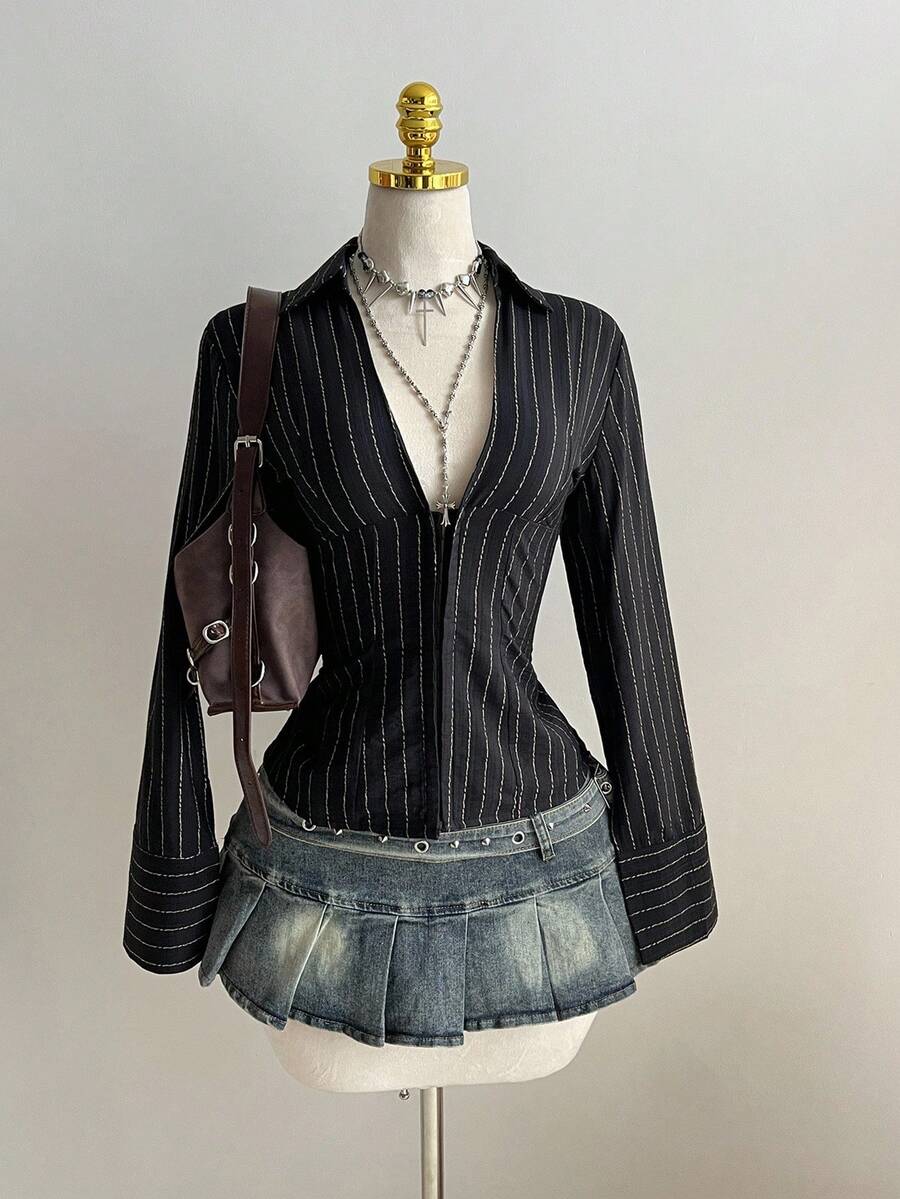 Elamini 1pc Black V-Neck Striped Collar Slim Fit Button-Up Long Sleeve Sexy Blouse For Commuting & Daily Wear, Winter - Black - View 1