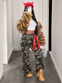 BamGleam Camouflage & Leopard Print Patchwork Cargo Jeans For Women - Army Green - View 6