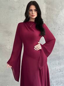 Firerie Robe longue élégante et minimaliste pour femmes, col asymétrique froncé, ourlet inégal, manches évasées, couleur bordeaux, convient pour les occasions formelles et la rentrée scolaire