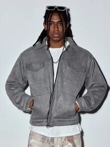 MODCRASH Men Flap Pocket Zip Up Suedette Jacket - Light Grey - View 7