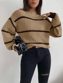 Celisse Casual Contrast Color Striped Drop Shoulder Sweater, Autumn/Winter - Brown - View 3