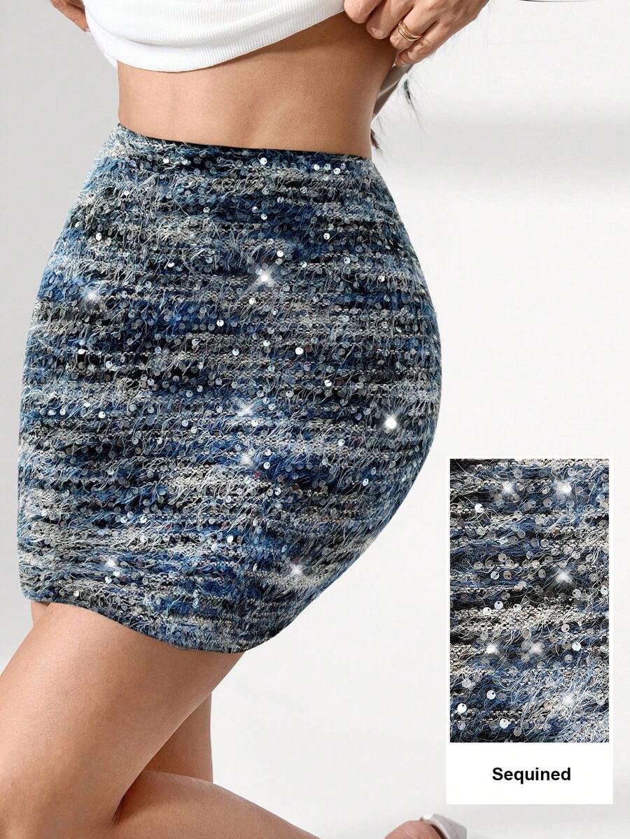 Modelyn Sequin & Fuzzy Striped Bodycon Mini Skirt For Women - Multicolor - View 1
