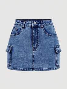SHEIN MOD Plus Size Women's Cargo Pocket Casual Bodycon Denim Mini Skirt - Blue - View 1
