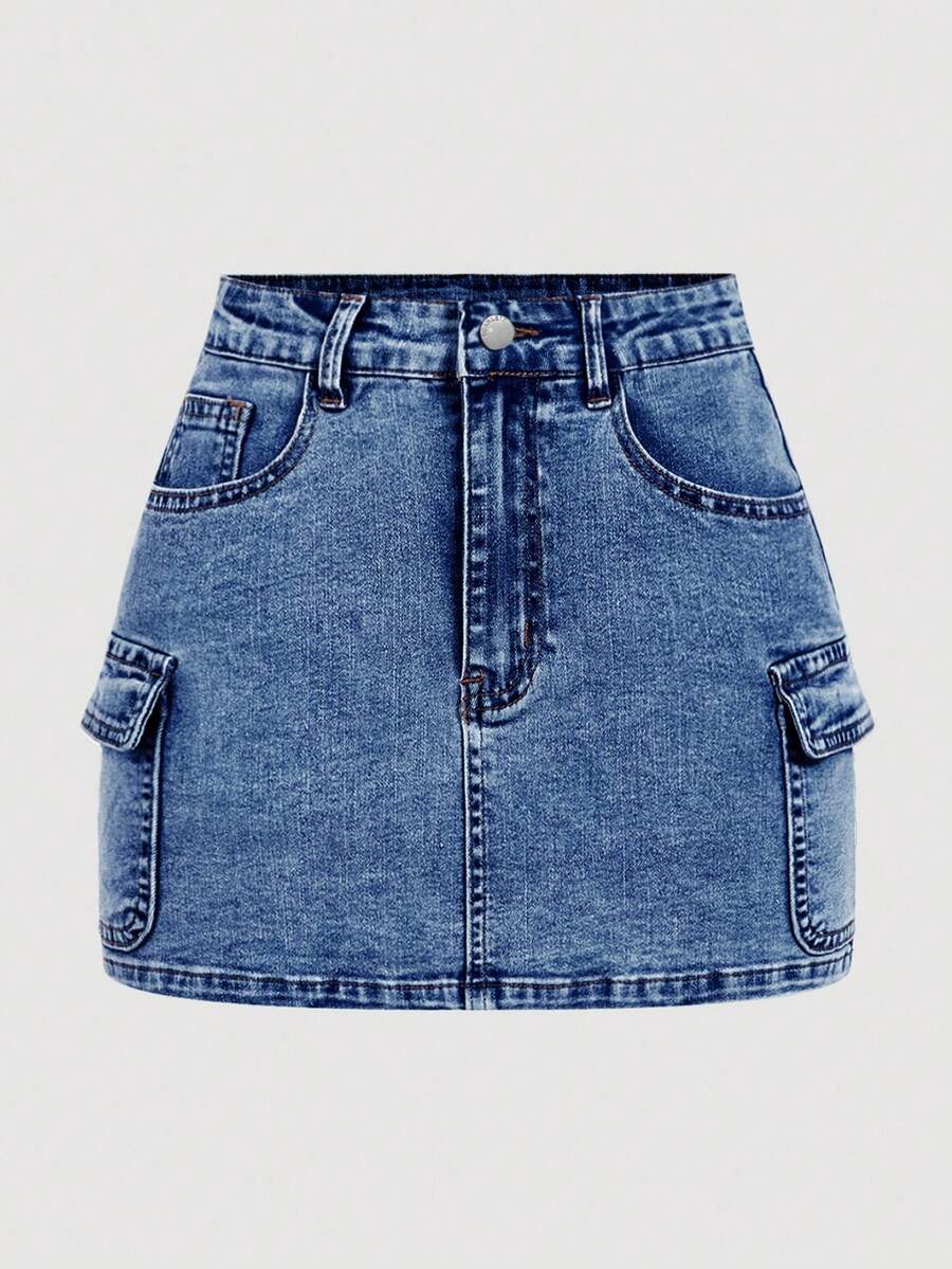 SHEIN MOD Plus Size Women's Cargo Pocket Casual Bodycon Denim Mini Skirt - Blue - View 1