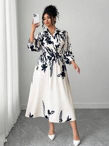 Elenzga 加大码全印花长袖缺口衬衫裙女装 - 彩色 - 查看 4