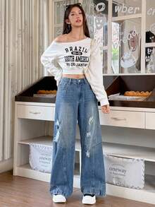 Rivivi Women's Casual Distressed Washed Slant Pocket Wide Leg Jeans, Autumn - Blue - View 5