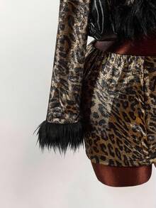 Amplova Conjunto de 2 piezas de top de manga larga y minifalda con estampado de leopardo y parches de piel sintética - Multicolor - Ver 6