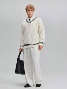 OFFICEAU 男士 Old Money V 领白色毛衣，宽松版型，麻花针织，秋冬款 - 白色 - 查看 8