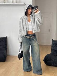 Coolane 女士秋冬街头风 Y2K 日常外出复古演唱会休闲保暖宽松短款人造皮草外套 - 淺灰色 - 查看 2