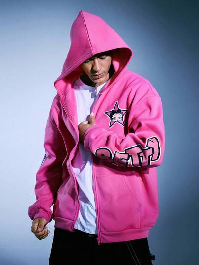 Betty Boop | ROMWE Sudadera con cremallera color fucsia para hombre con diseño gráfico de figura de dibujos animados, cómoda para otoño/invierno
