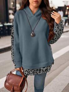 EMERY ROSE 大码女式豹纹拼布长袖羊毛运动衫，休闲时尚外套 - 霧霾藍 - 查看 4