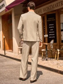 Manfinity VCAY 男士商务格纹印花尖领双排扣西装外套和裤子套装，通勤装 - 卡其色 - 查看 4