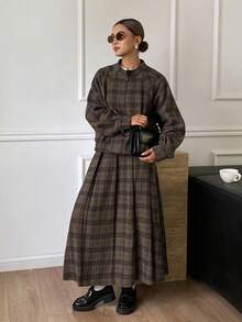 DAZY Women's Casual Vintage Plaid Loose Stand Collar Long Sleeve Jacket & Pleated Skirt Woolen 2-Piece Set, Autumn/Winter - Grey - View 5