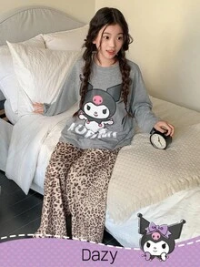 HELLO KITTY AND FRIENDS | SHEIN DAZY 女童圆领针织卡通图案长袖T恤+豹纹裤睡衣套装，秋季 - 灰色 - 查看 4