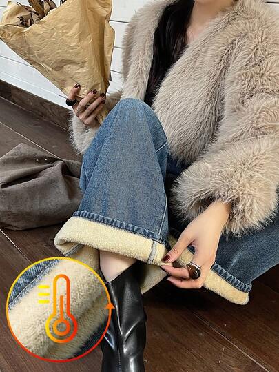 DAZY 复古蓝色直筒牛仔裤，高腰宽松喇叭裤腿加厚保暖内衬牛仔裤，秋冬保暖内衬