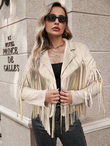 SHEIN LUNE Áo khoác thường ngày thiết kế tua rua tay dài cổ ve trơn màu cho nữ, mùa thu - Màu be - Xem 4