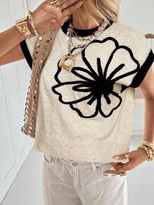 Siren Gaze Suéter casual de punto con bloques de color para mujer, minimalista y de moda, para uso diario. Blusa de punto con estampado floral hecho a mano para mujer. Chaleco de punto casual. Ropa de mujer para todas las estaciones, que se puede usar como prenda exterior o interior, adecuada para el uso diario.