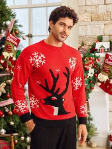 Manfinity VCAY 男士休闲圆领长袖毛衣，饰有鹿、雪景和圣诞元素，适合秋冬穿着 - 彩色 - 查看 4
