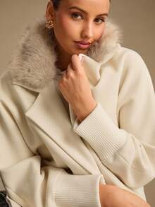Enchnt Women's Elegant Cream White Fur Collar Woolen Jacket, Autumn Fashion Office Long Sleeves Coat For Date&Daily Commuting&Wedding Guest&Party - Apricot - View 10