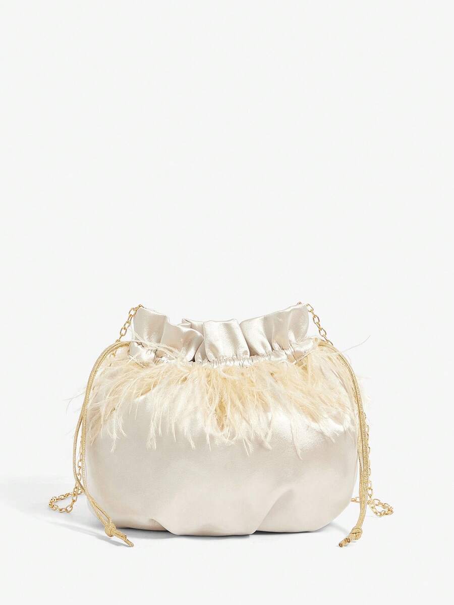 SHEIN BAE Túi xách dạ hội lông vũ màu mơ sang trọng thời trang dành cho nữ - Màu be - Xem 1
