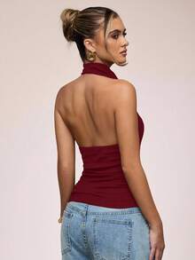 SHEIN BAE Women's Solid Color Draped Halter Backless Sexy Camisole,Red Top - Burgundy - View 2